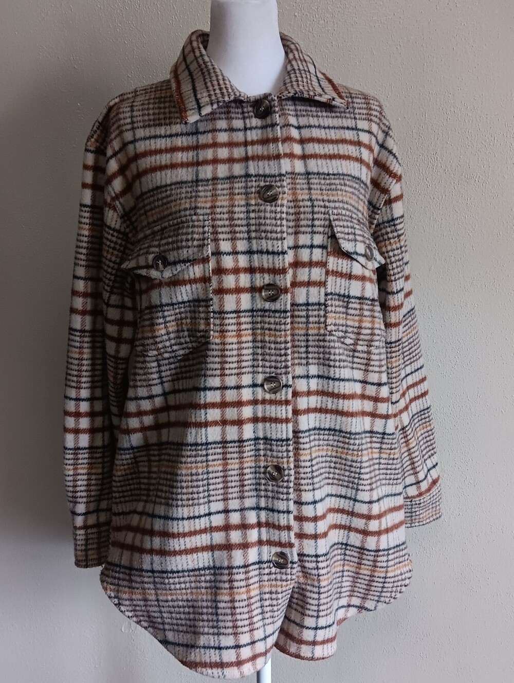 Joie Brown & Cream Plaid Button Front Flannel Shacket Shirt Womens Medium, Shirt
